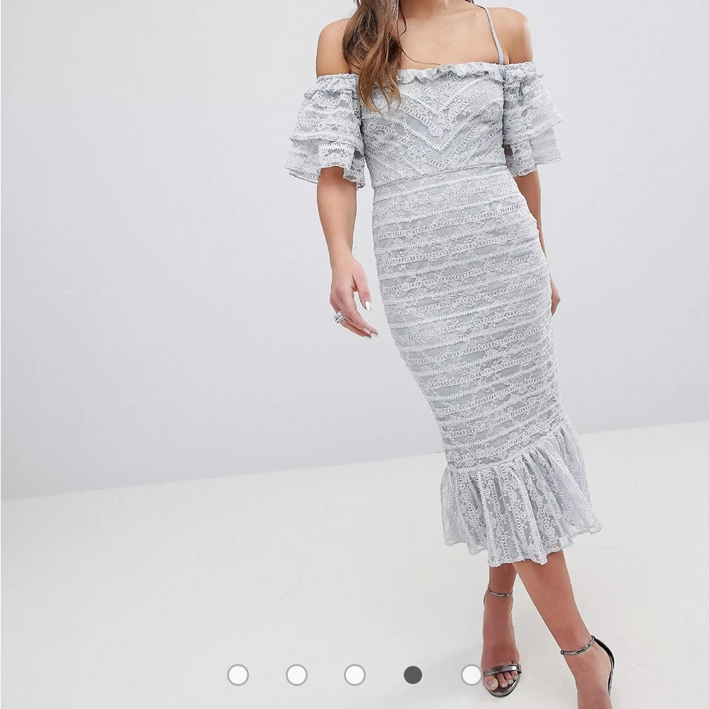 ASOS Lace Ruffle Pencil Midi Dress- grey/gray size  6/4 small